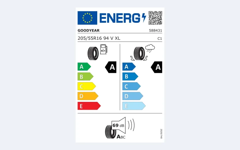 Officieel EU-bandenlabel van de Goodyear EfficientGrip Performance 2 in 205/55 R16: klasse A voor zuinigheid en natte grip, 69 dB
