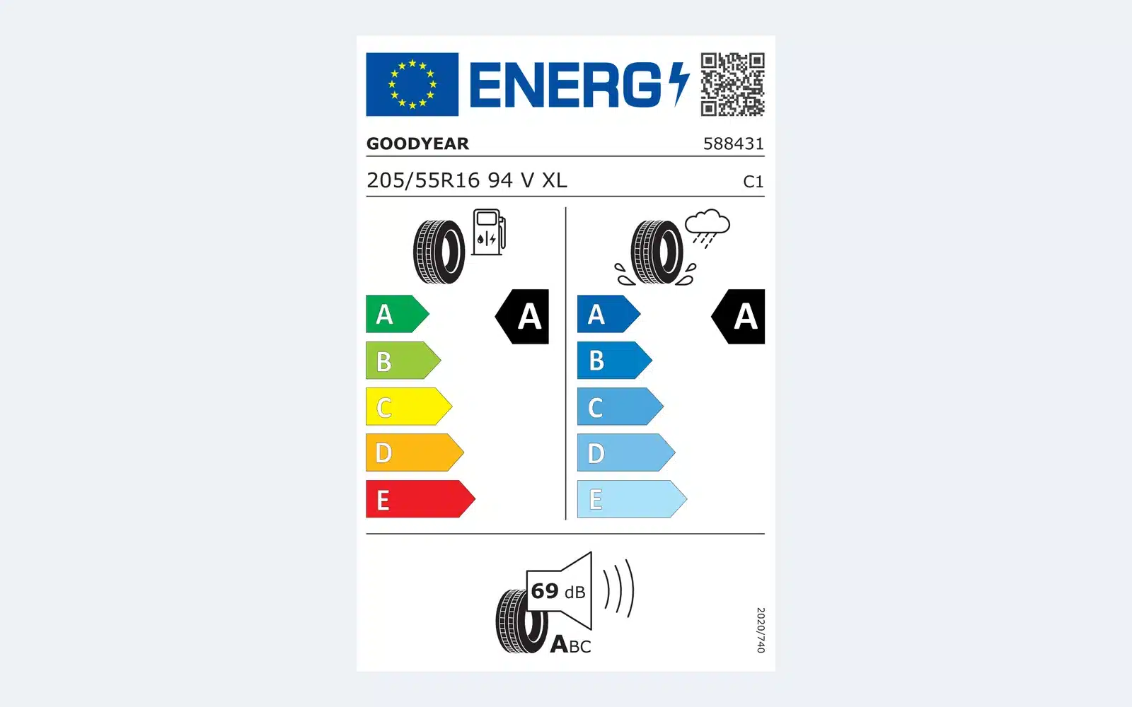 Officieel EU-bandenlabel van de Goodyear EfficientGrip Performance 2 in 205/55 R16: klasse A voor zuinigheid en natte grip, 69 dB